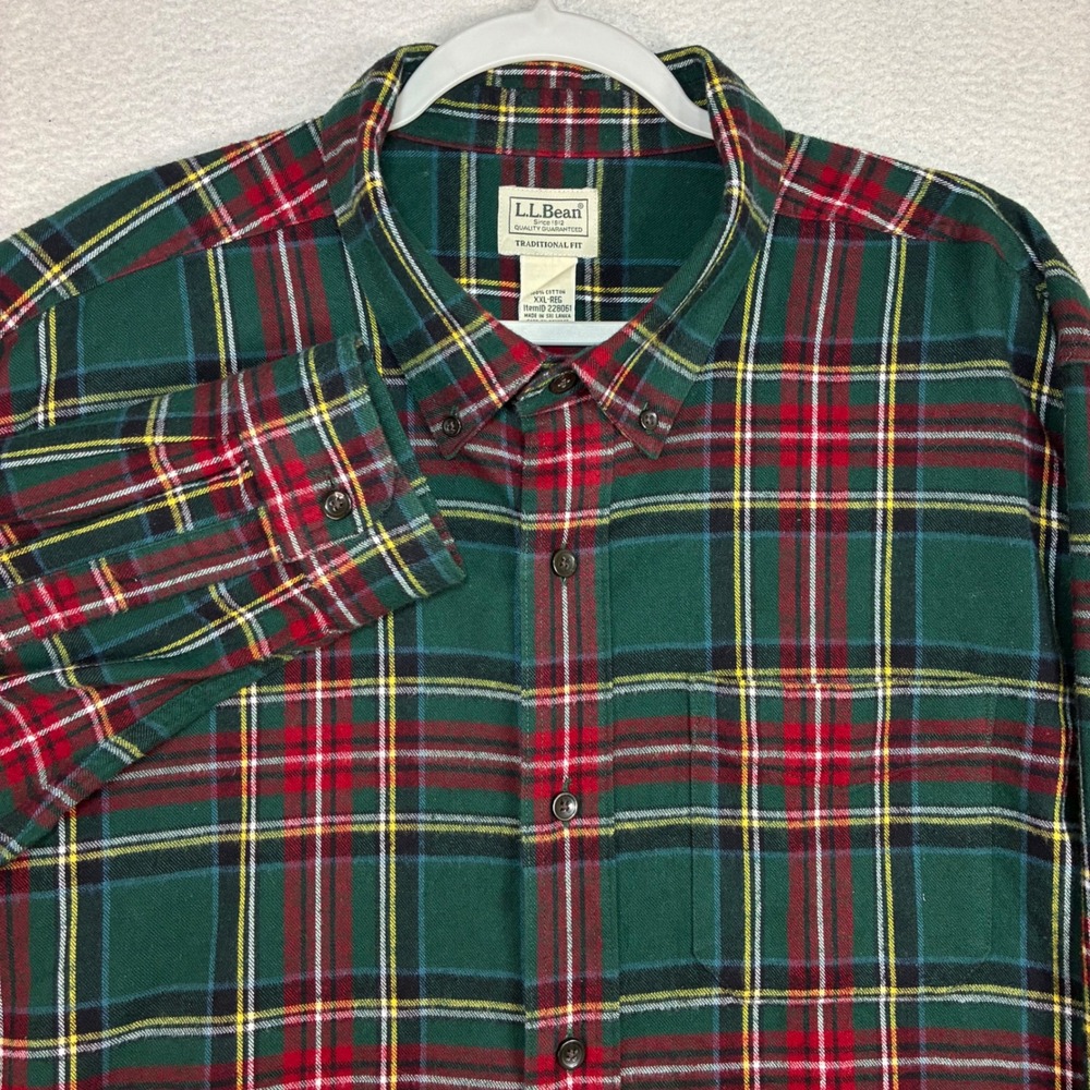 LL Bean Flannel Shirt Men 2XL Green Tartan Plaid Traditional Button Down 228061